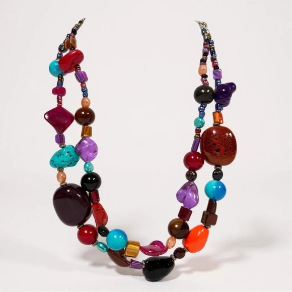 Two Layers Multi Color Mix Bead Necklace - Picture 1 of 2